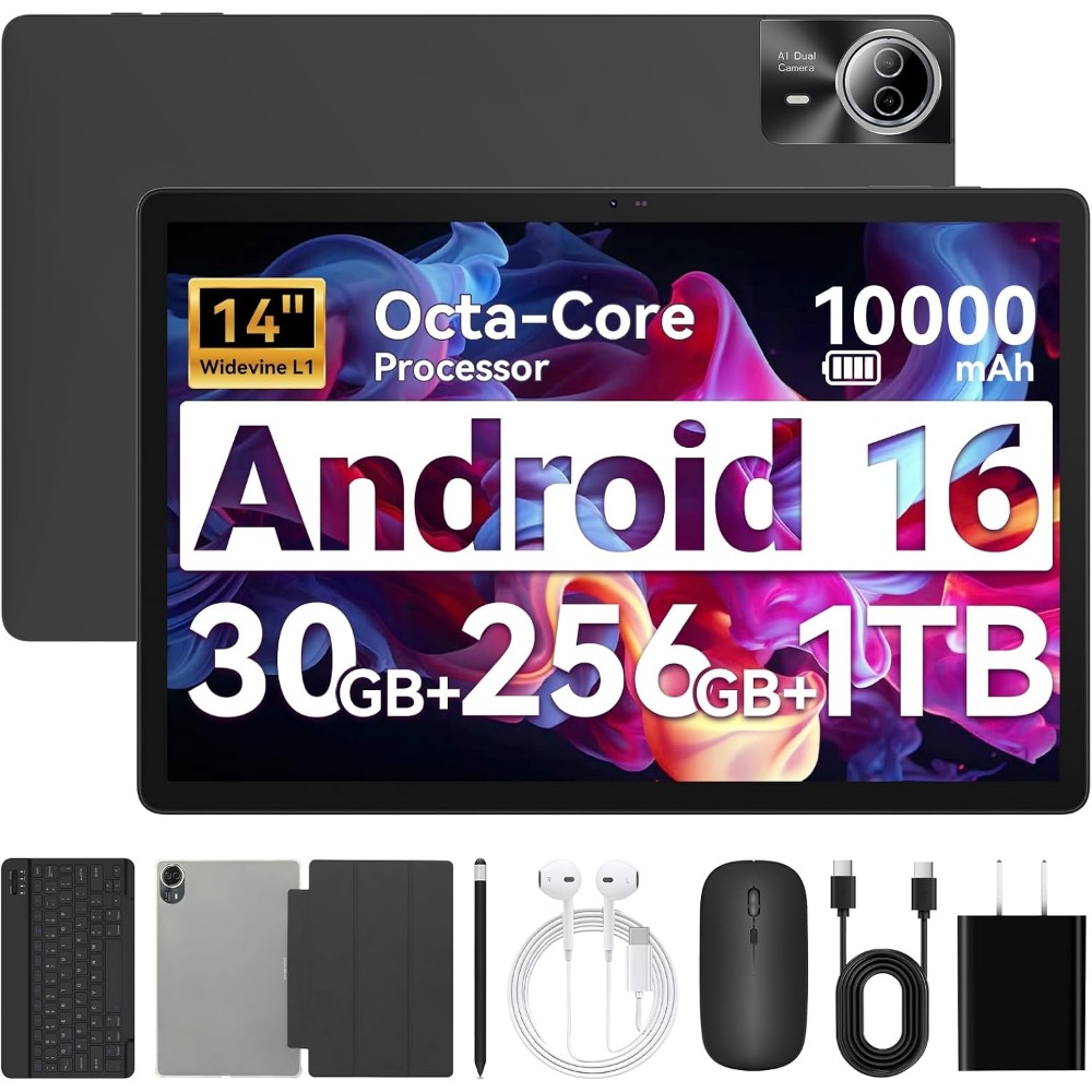 Ram Tablet Accessories - 14インチAndroidタブレット、30GB RAM、256GBストレージ、FHDディスプレイ、オクタコアプロセッサ、デュアルカメラ、キーボード、スタイラスペン、アクセサリー付き