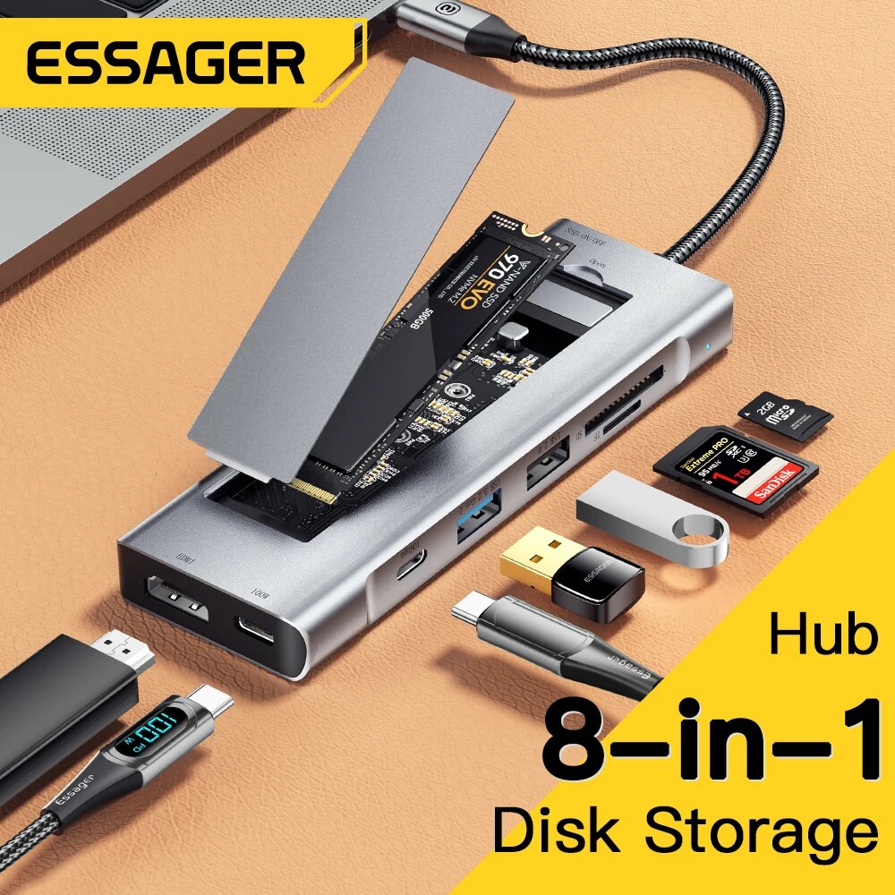 Usb Hub Type C - 外付けコンピューターステーション,USB Type-C,Essager-8-in-1,HDMI互換,macbook pro air m1 m2