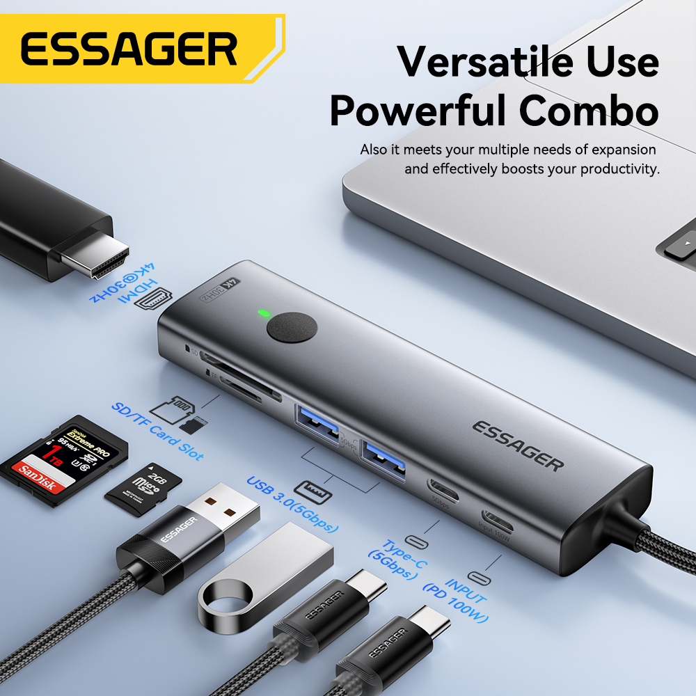 Usb Hub Type C - Essager-USB Type-Cハブ,Macbookラップトップ用マルチポートアダプター,iPad,電話スプリッター,PD 100W, SD, TF, USB