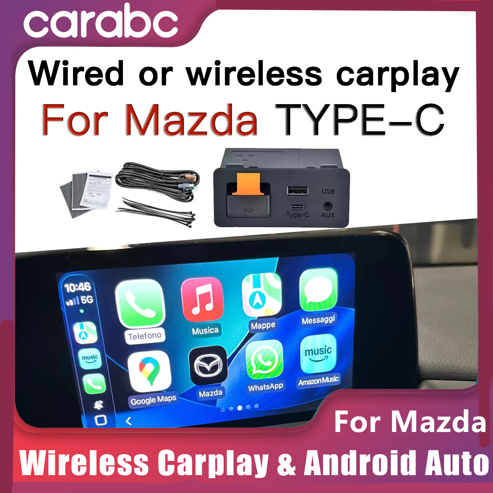 Usb Hub Type C - ワイヤレスまたは有線CarPlay Android AutoモジュールType-Cアダプター、マツダ2、3、6、CX3、CX5、CX8、CX9、MX5用後付けUSBハブTK78669U0Cキット